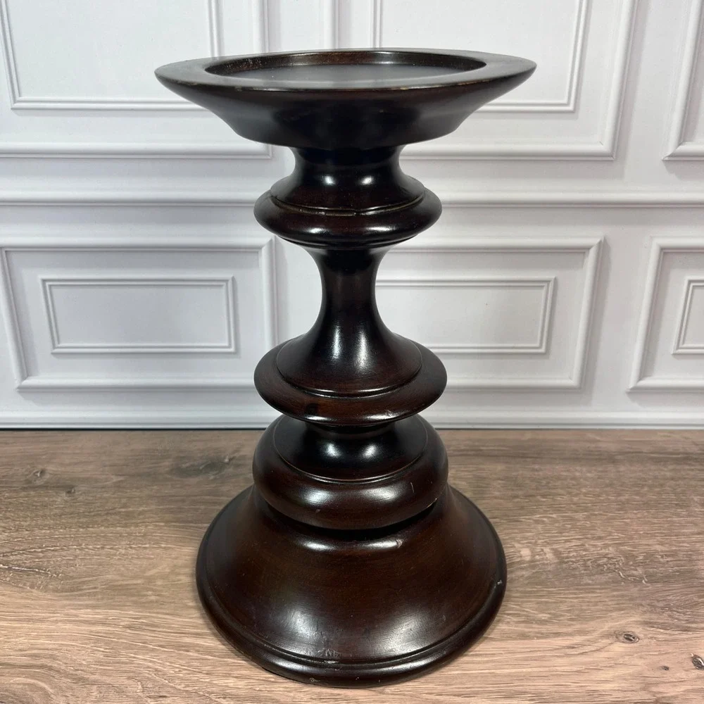 Pottery Barn Turned Wood Pillar Candle Holder Set 2 10in Dark Brown Espresso